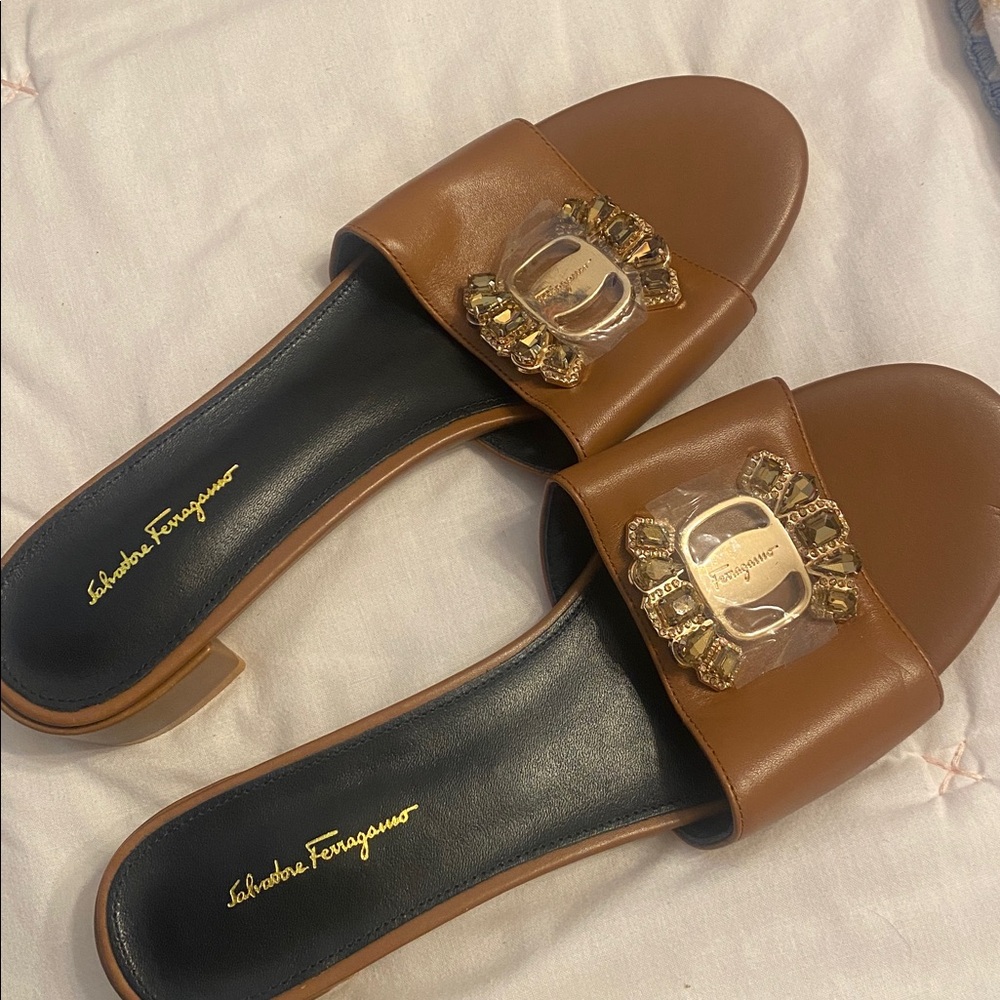 Salvatore Ferragamo Tan Leather Crystal Buckle Slide Mules - Picture 7 of 8